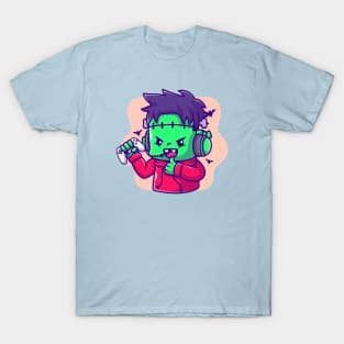 Cute Frankenstein Zombie Gaming And Thumbs Up Cartoon T-Shirt